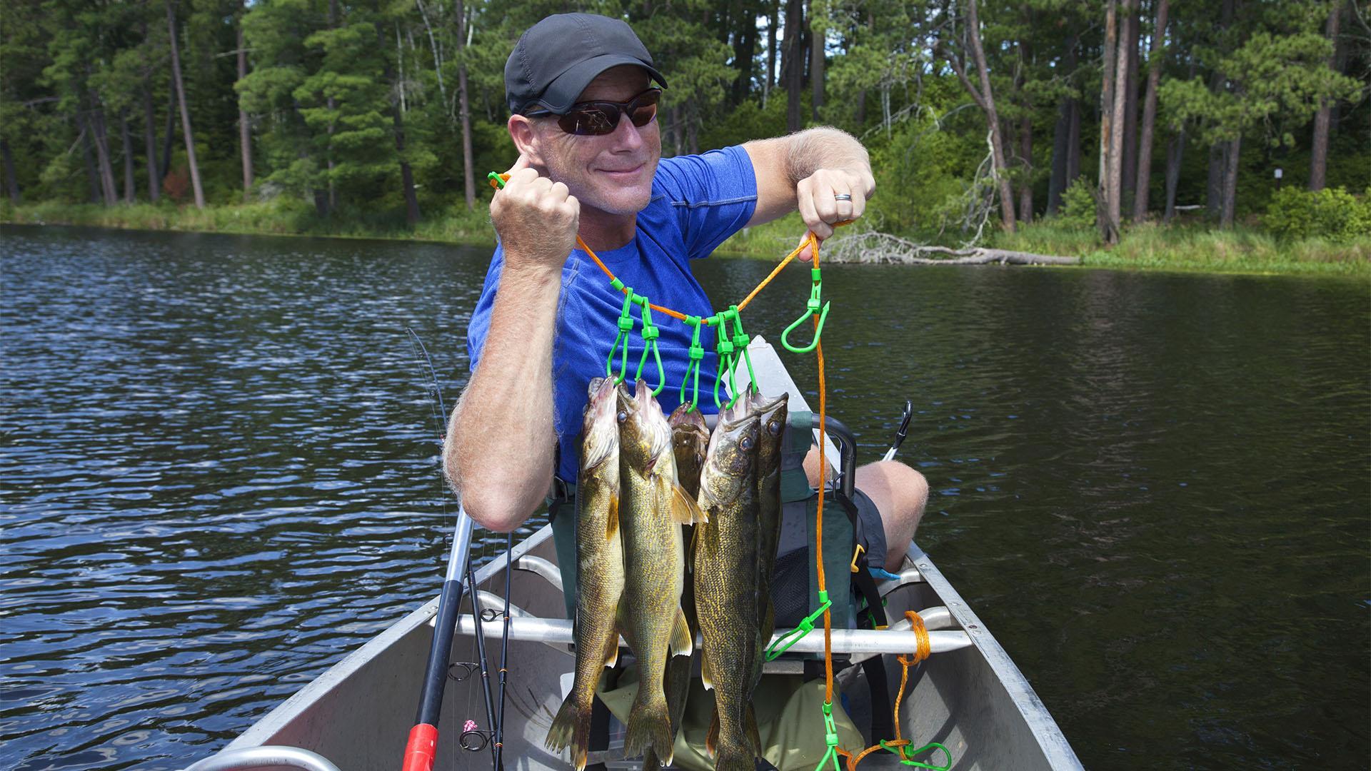 A man holding a stringer of walleye.