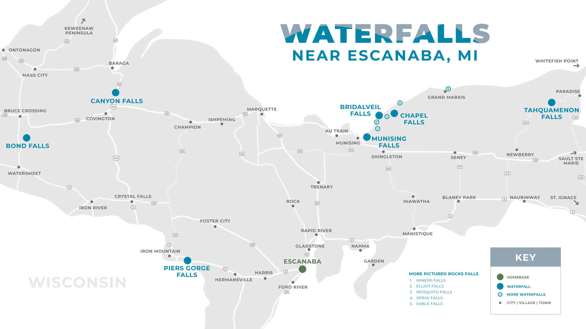 Map of waterfalls near Escanaba