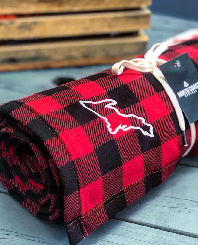 buffalo plaid blanket with up icon