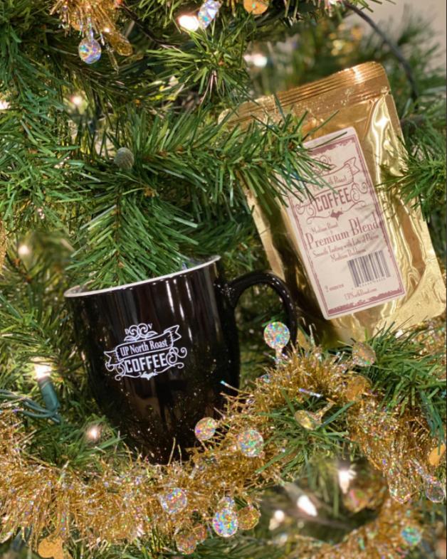 coffee bag and mug in christmas tree