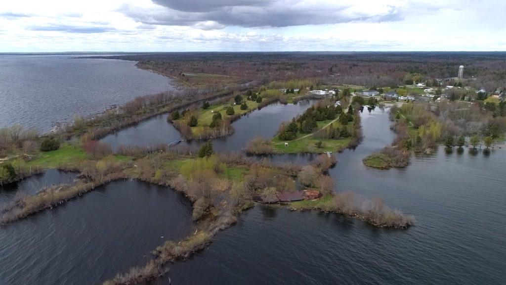 aerial shot of nahma boat launch and waterways