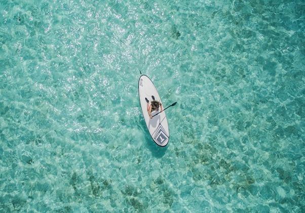 person on a stand up paddleboard on the water