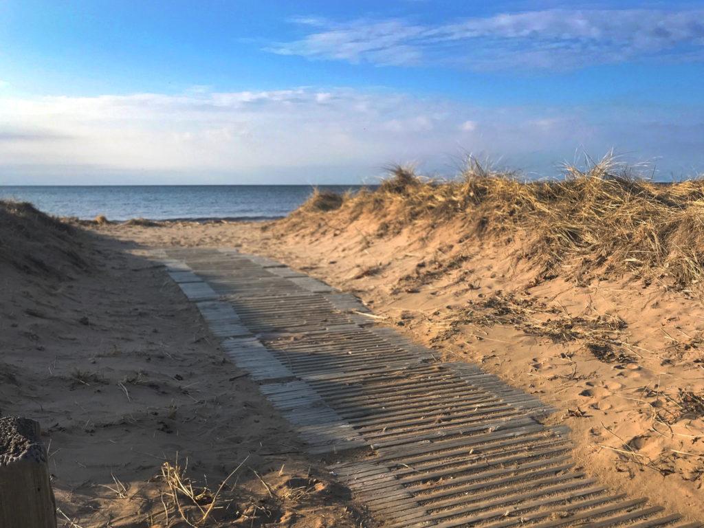 boardwalk in the sand looking out at the lake