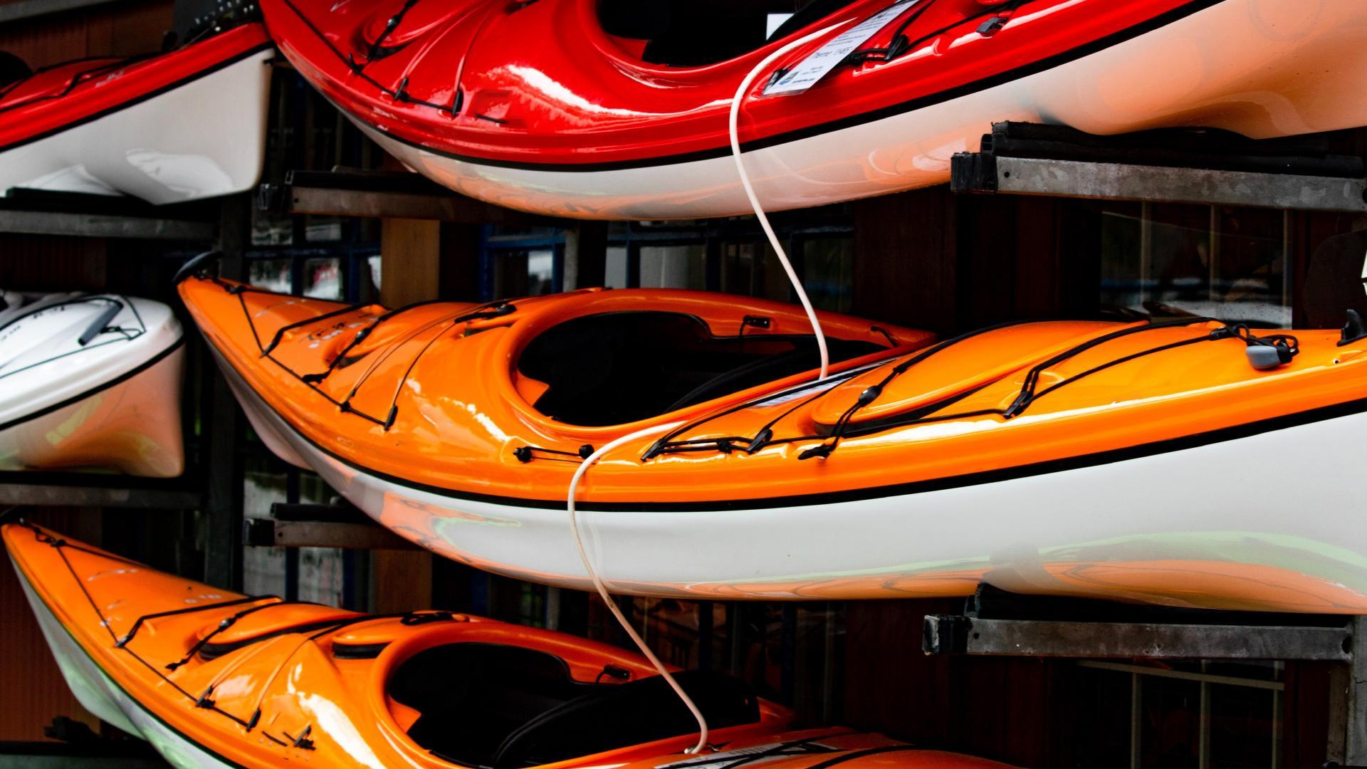 kayaks on a rack