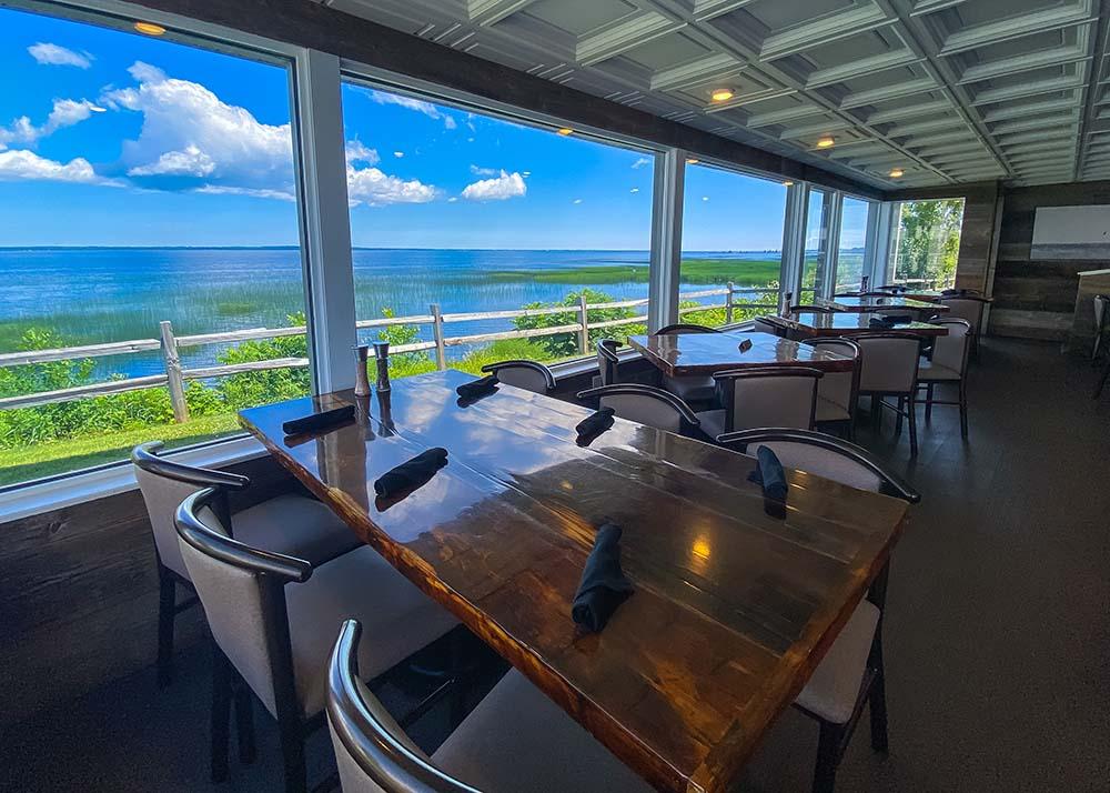 A view of Lake Michigan from the inside of Freshwater Tavern.